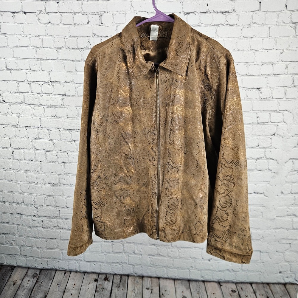 Chicos Brown Metallic Snakeskin Print Leather Jacket Full Zip Size 2 L Large